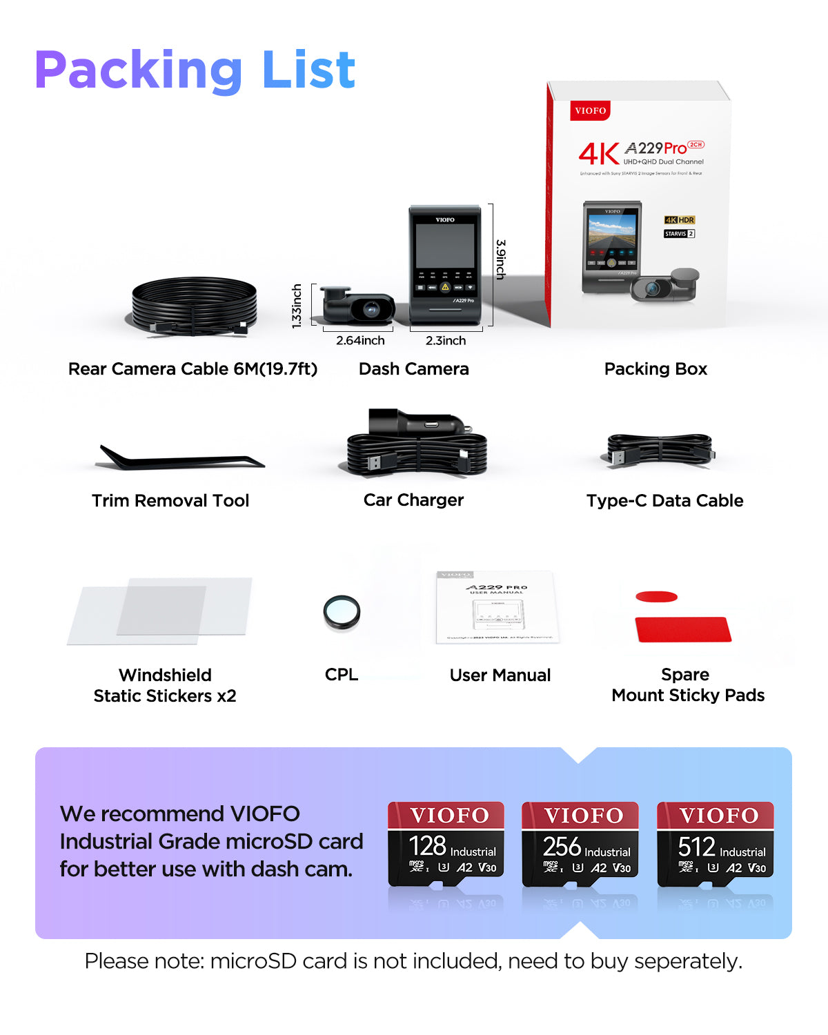 VIOFO A229 Pro 2CH Front and Rear 4K+2K HDR Dual Dash Cam with Sony STARVIS 2 Sensors Super Night Vision Voice Control