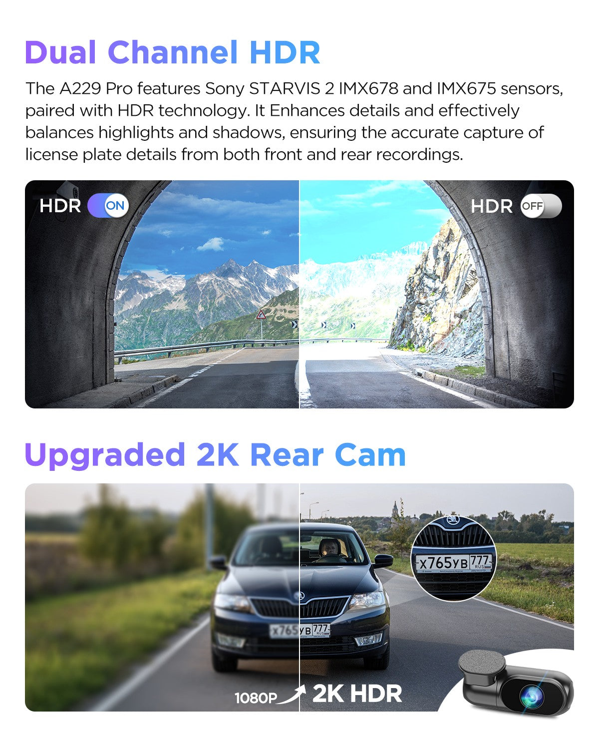 VIOFO A229 Pro 2CH Front and Rear 4K+2K HDR Dual Dash Cam with Sony STARVIS 2 Sensors Super Night Vision Voice Control