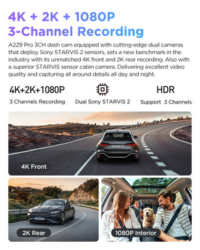 VIOFO A229 Pro 3CH 4K+2K+1080P HDR 3 Channels Car Dash Camera with Sony STARVIS 2 Sensors for Lyft Taxi Ridesharing Drivers