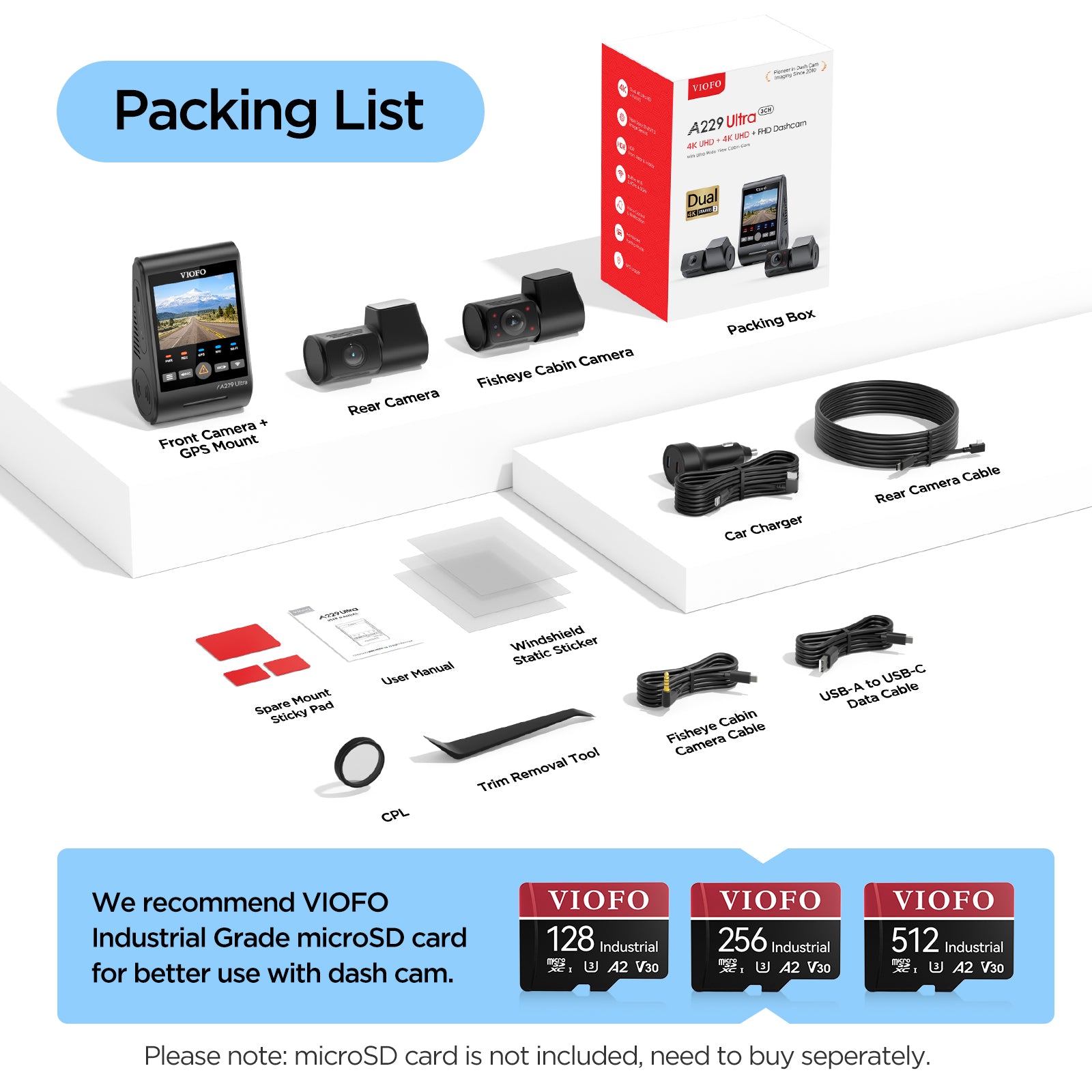 VIOFO A229 Ultra 3CH 4K Front+4K Rear+1080P Fisheye Cabin Dashcam with Triple Sony STARVIS 2 Sensors, 3-Channel HDR, Ultra Fast 5GHz Wi-Fi & Precise GPS, Smart Voice Control