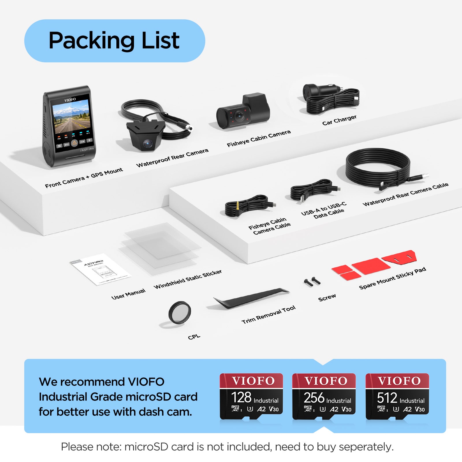 VIOFO A229 Ultra-W 3CH 4K Front+4K Waterproof Rear Camera+1080P Fisheye Cabin Camera with Triple Sony STARVIS 2 Sensors, 3-Channel HDR, Ultra Fast 5GHz Wi-Fi & Precise GPS