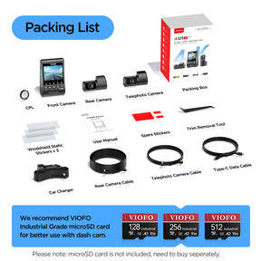 VIOFO A329T 3CH 4K 30FPS Front+2K Telephoto Camera+2K Rear Camera, Sony STARVIS 2 Sensor HDR, Support SSD Storage, Multiplex Video, Low Power Impact Detection, Hybrid Parking Recording