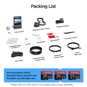 VIOFO A329TW 3CH 4K 30FPS Front+2K Telephoto Camera+2K Waterproof Camera, Sony STARVIS 2 Sensor HDR, Support SSD Storage, Low Power Impact Detection, Hybrid Parking Recording